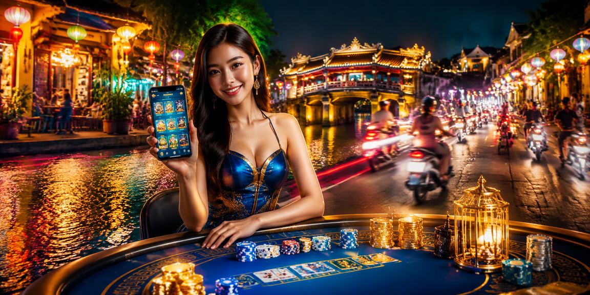 Người dùng Hội An trải nghiệm casino di động tại chợ đêm với giao diện tiếng Việt trên điện thoại