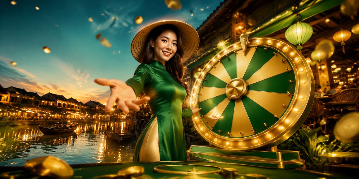 Cảnh Hội An với bàn roulette và nón lá – biểu tượng văn hóa Việt Nam gặp gỡ casino trực tuyến